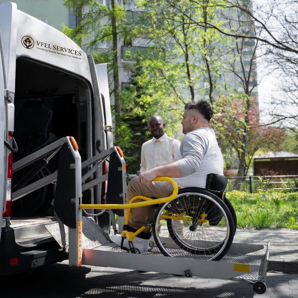 Digitally branded accessible van with a passenger using its wheelchair lift
